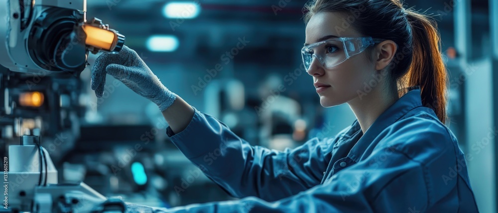 Poster a woman works on a machine in a factory setting