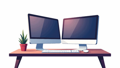 Fototapeta premium Digital workspace with dual monitors and keyboard, modern efficiency