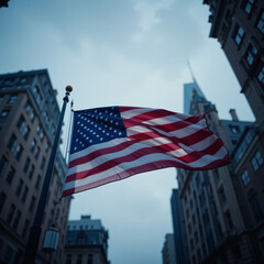 American Flag Waving Freely Among Buildings with Cloudy Sky Background