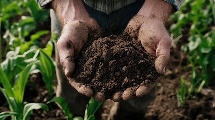 Farmer examines soil quality by holding soil in hands on a farm.