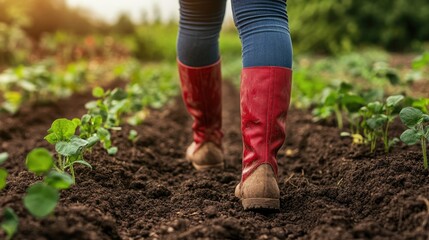 Fototapeta premium Female farmer in boots inspects soil quality. Agronomist evaluates the development of new seedlings. Themes of gardening and ecology.