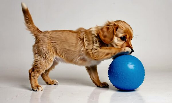 Cute little cockapoo puppy playing with toy ball in studio isolated on white background