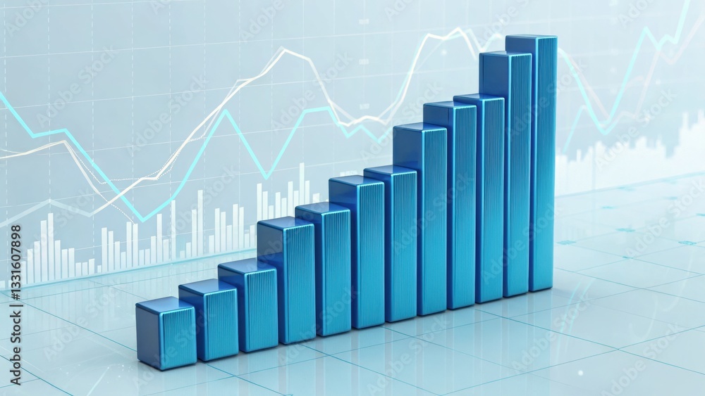 Poster ascending data: an image visualizing the trend of blue bar graphs charts with a sense of growth, upw