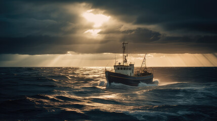 Obraz premium Dramatic Fishing Boat Under Stormy Sky