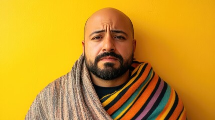 Obraz premium Hispanic bald man with a beard wrapped in a striped blanket demonstrates discomfort from a toothache against a yellow wall.