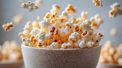 A bucket of freshly popped popcorn spilling onto a table, set against a blurred background, symbolizing a classic movie-time snack and entertainment.