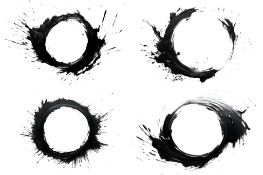Abstract Black Ink Circles with Splashes Dynamic Artistic Design Elements Isolated on Transparent Png