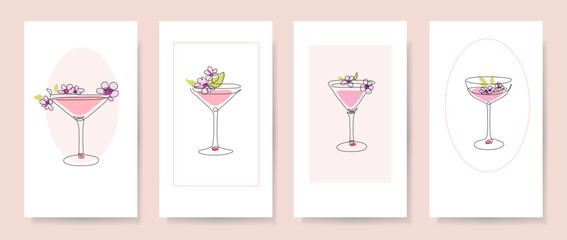 Cherry blossom cards with cocktail elements of line art style and pastel colors. Editable template for social media post, card, cover, wedding invitation