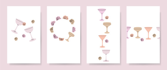 Abstract backgrounds with cocktail elements of minimal flat style and pastel colors. Editable template for social media post, card, cover, wedding invitation, poster