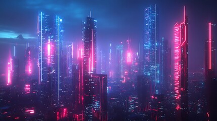 Fototapeta premium A futuristic cityscape blending digital analytics and real-world expansion, neon skyscrapers glowing with real-time population data, animated urban heatmaps, cyberpunk UI elements,