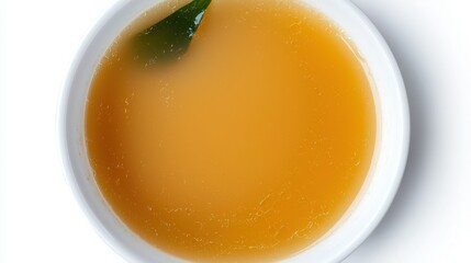 Clear Broth in White Bowl with Leaf Garnish on White Background