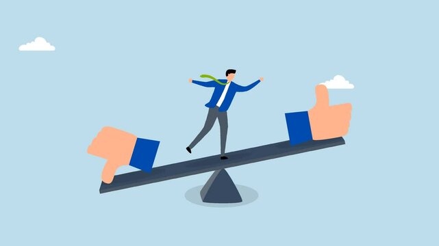 Demerit and merit evaluation, 4k animation businessman teetering on a seesaw with thumbs up and down. 