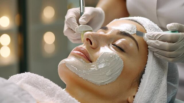 relaxation applying a white clay mask on the face of a young woman in a serene beauty Beautician enhancing her skincare routine and spa, video 4k
