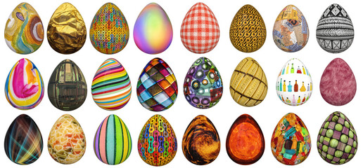 a collection of eggs with different textures on a white background
