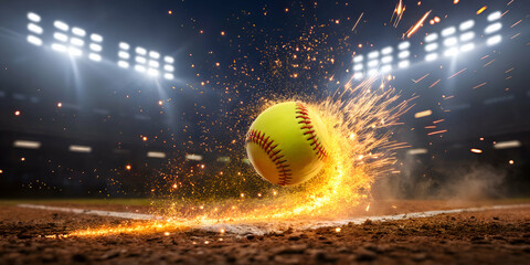 Softball field night game with glowing yellow ball flying under stadium lights