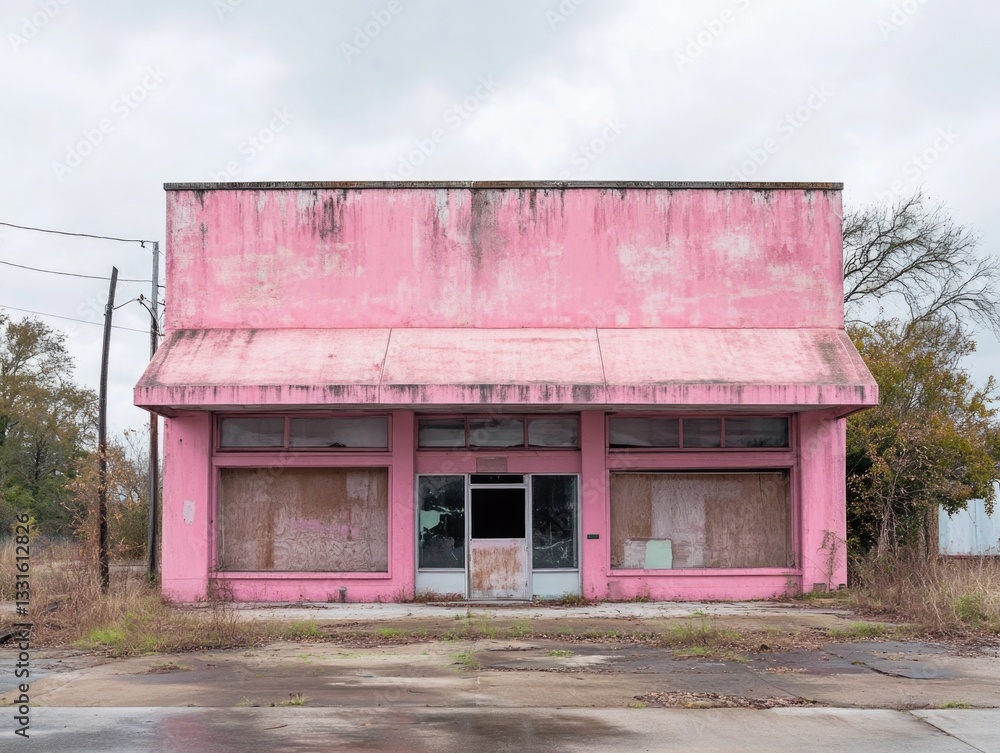 Poster a pink building with a broken window in the foreground, potentially abandoned or under renovation