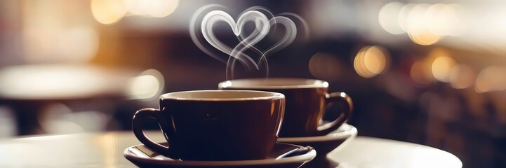 Fototapeta premium Two coffee cups with heart-shaped steam above them on a café table – Great for intimate moments, romance, or lifestyle branding