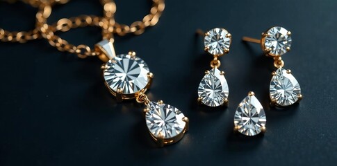 Fototapeta premium Elegant diamond necklace and earrings set with intricate gold details, necklace, accessories