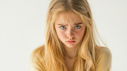 Naklejka premium Teenage girl exhibiting a dissatisfied expression. Cute blonde girl gazing downward. Themes of depression and aggression. Isolated on a white background.