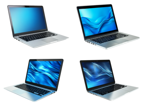 Collection of Four Modern Silver Laptops with Blue Isolated on Transparent Png