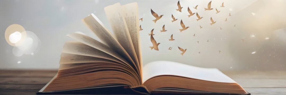 Open book transforming into fluttering birds ascending towards the sky – Great for visualizing the transformative power of education or freedom.