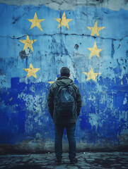 Fototapeta premium Mann steht vor einem Grafitti Abbildung der europäischen Flagge