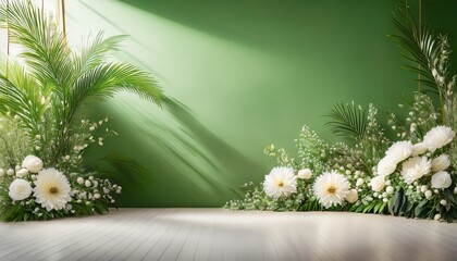 wedding backdrop aesthetic flower decoration light green indoor minimalist studio background