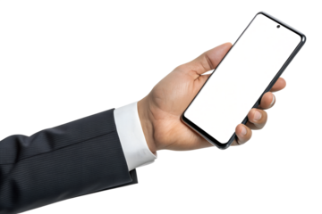 Hand business man holding mobile smartphone with blank screen isolated on transparent background