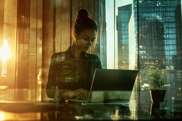 Fototapeta na wymiar A young businesswoman works on her laptop in a modern office with a city view during sunset.