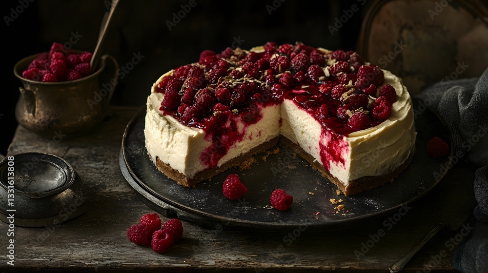 Poster delicious raspberry cheesecake with a slice missing, adorned with fresh raspberries and a rich red s