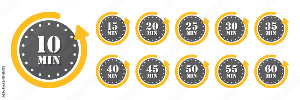 Poster from 10 minutes to 60 minutes on stopwatch icon set collection in flat style. clock face timer vecto