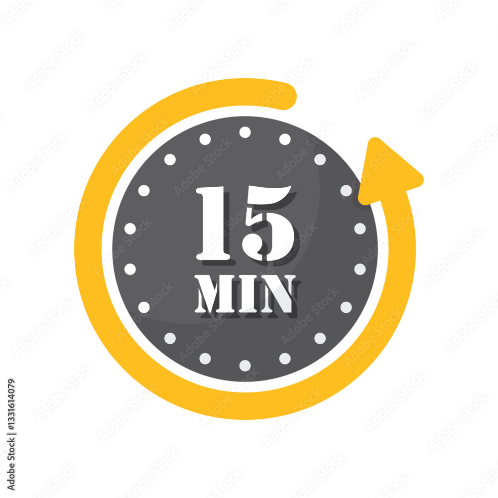 Poster 15 minutes on stopwatch icon in flat style. clock face timer vector illustration on isolated backgro