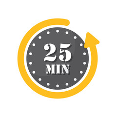 25 minutes on stopwatch icon in flat style. Clock face timer vector illustration on isolated background. Countdown sign business concept.