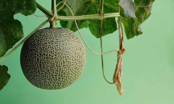 realistic green screen shot features fresh melon fruit hanging from tree with soft wind causing its leafy surroundings to sway gently