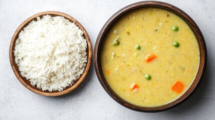 Creamy Vegetable Soup with White Rice in Rustic Bowls