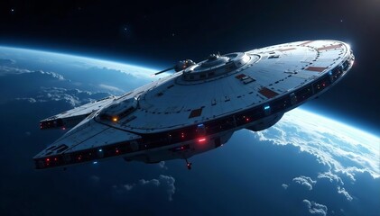 Obraz premium Gigantic starship in deep space against white backdrop, white, background