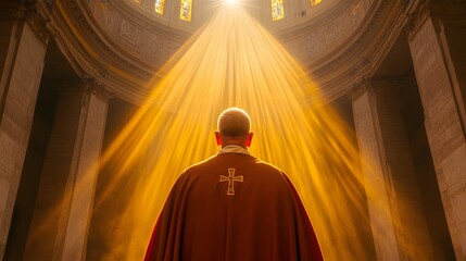 Fototapeta premium Sacred Sanctuary: A spiritual leader in ornate vestments stands within a magnificent cathedral, illuminated by heavenly beams of light, exuding serenity and reverence.