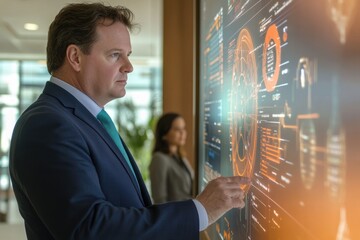 Businessman interacts with a large interactive display showing complex data visualizations and graphs.