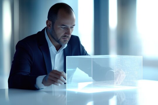 A businessman examines a transparent holographic cube displaying data, suggesting futuristic technology and digital interaction.