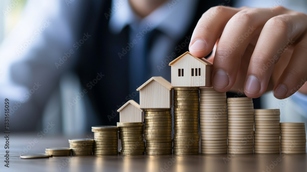 Poster a close-up of hands stacking wooden house models like building blocks, each level representing diffe