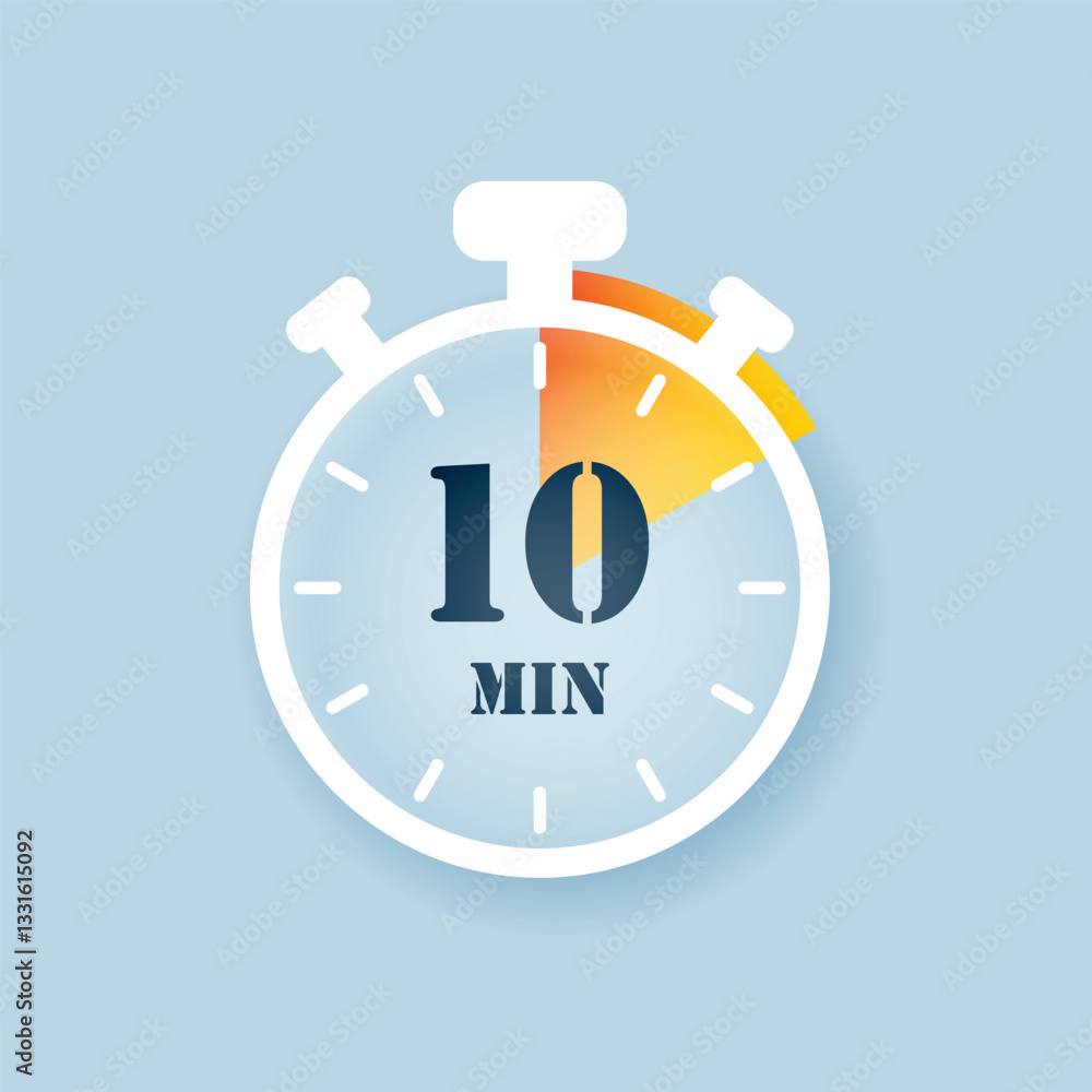 Poster 10 minutes on stopwatch icon in flat style. clock face timer vector illustration on isolated backgro