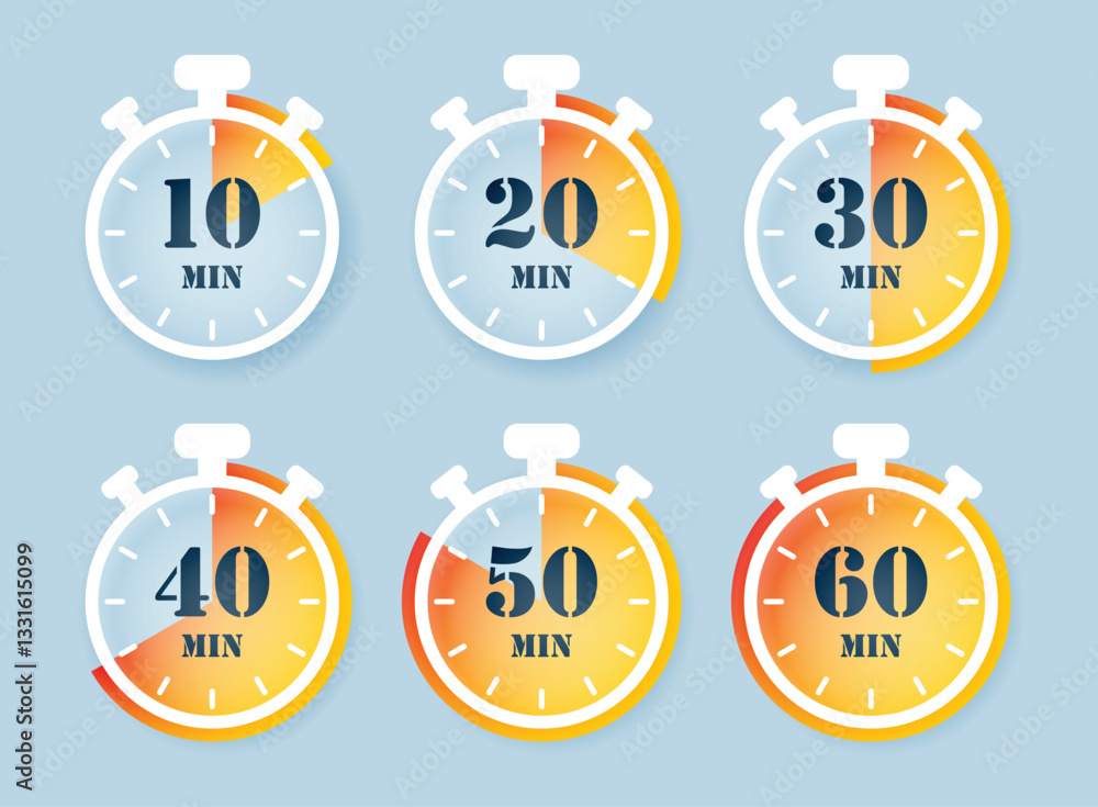 Poster from 10 minutes to 60 minutes on stopwatch icon set collection in flat style. clock face timer vecto
