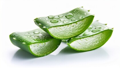 fresh cuts of aloe vera leaf covered with water drops isolated on white background