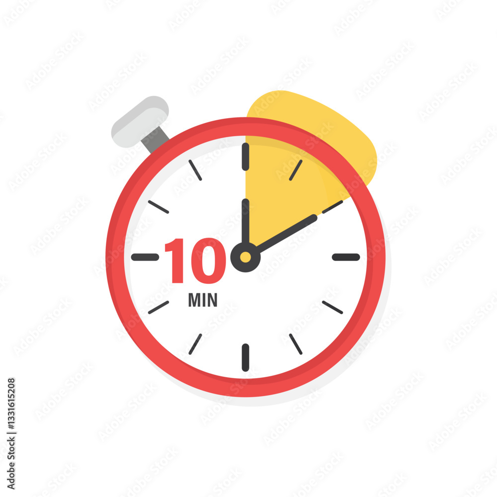 Poster 10 minutes on stopwatch icon in flat style. clock face timer vector illustration on isolated backgro