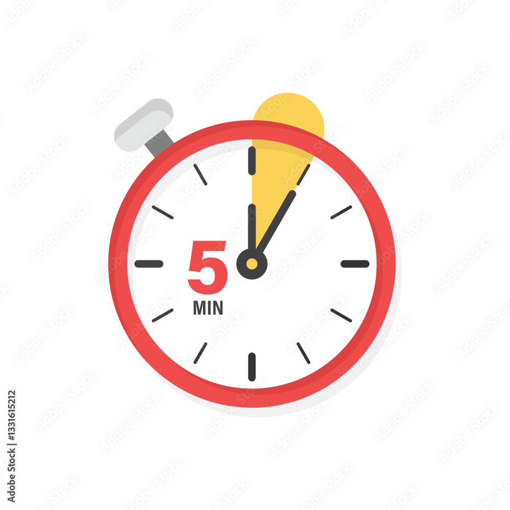 Poster 5 minutes on stopwatch icon in flat style. clock face timer vector illustration on isolated backgrou