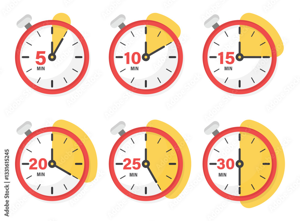 Poster from 5 minutes to 30 minutes on stopwatch icon set collection in flat style. clock face timer vector