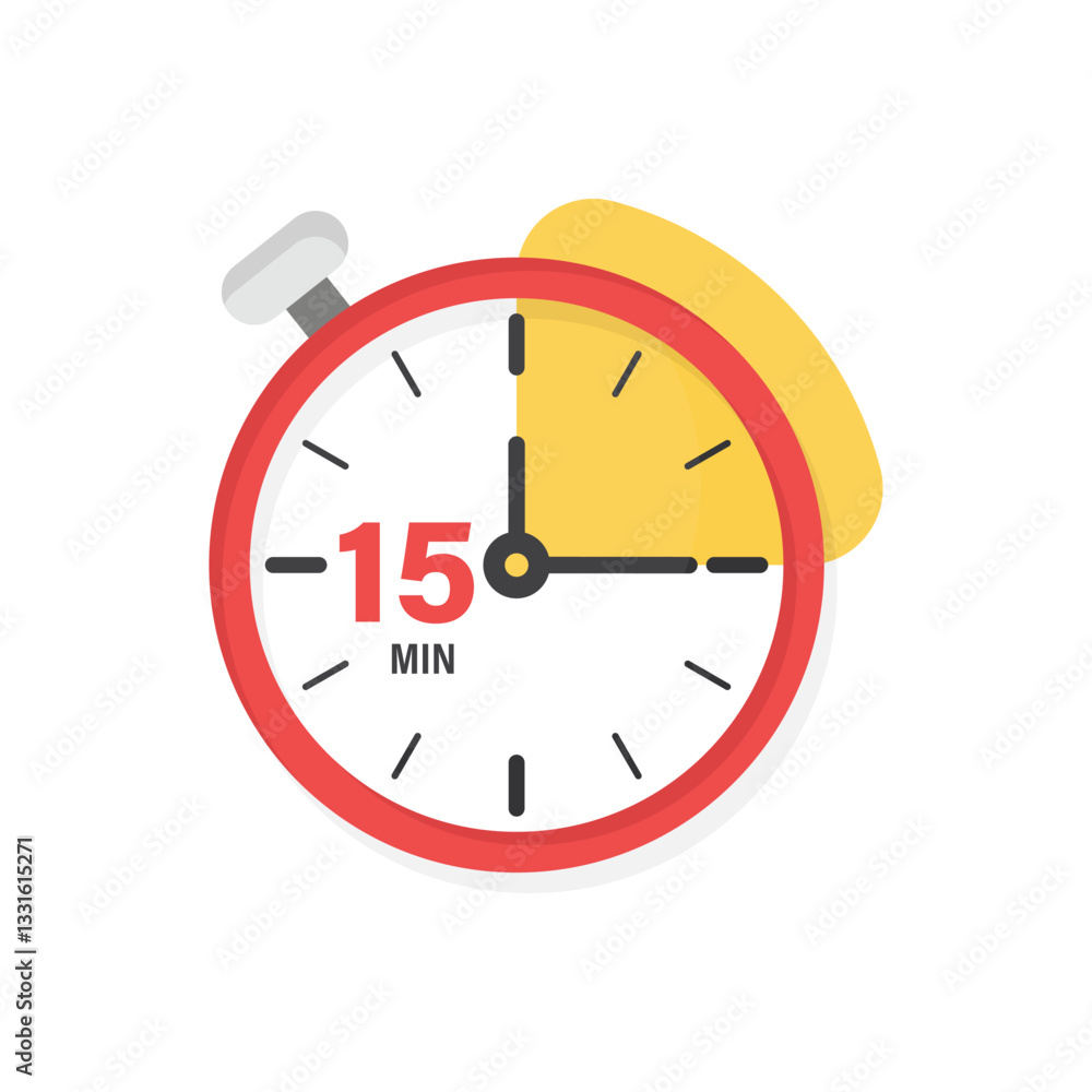 Poster 15 minutes on stopwatch icon in flat style. clock face timer vector illustration on isolated backgro