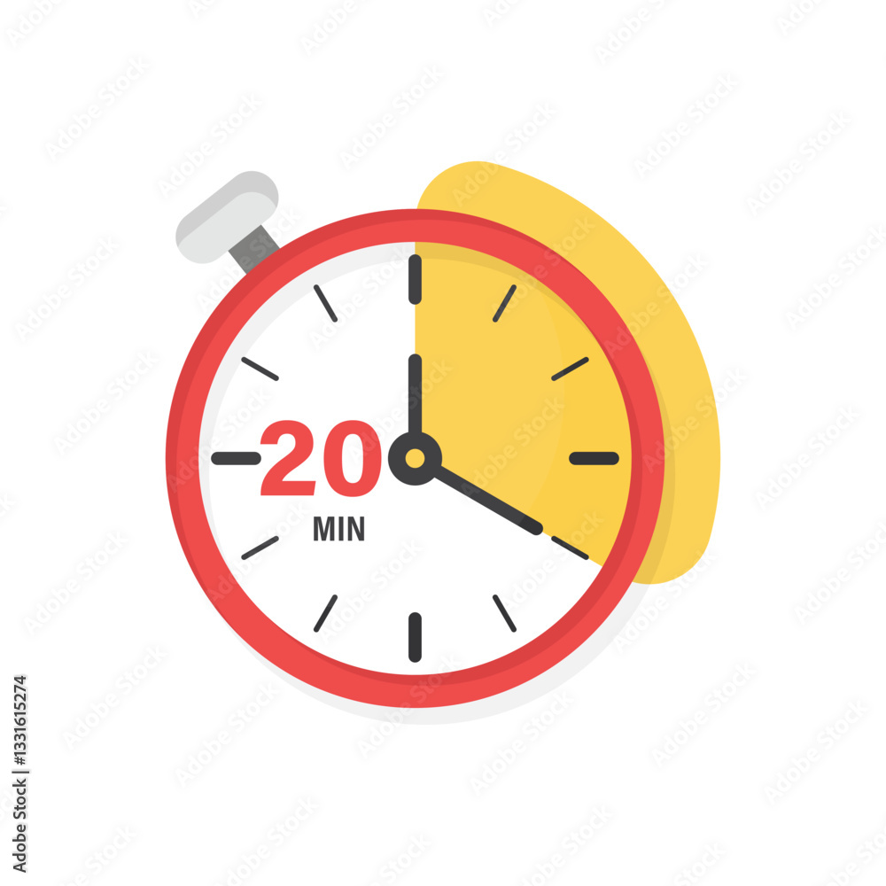 Poster 20 minutes on stopwatch icon in flat style. clock face timer vector illustration on isolated backgro