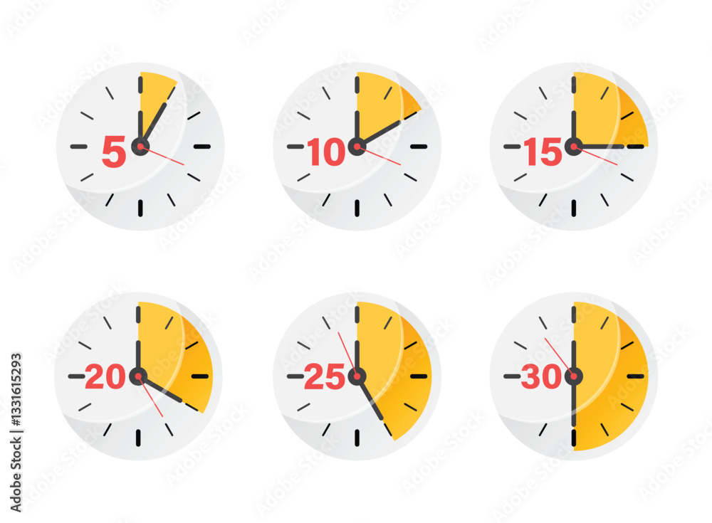 Poster from 5 minutes to 30 minutes on stopwatch icon set collection in flat style. clock face timer vector