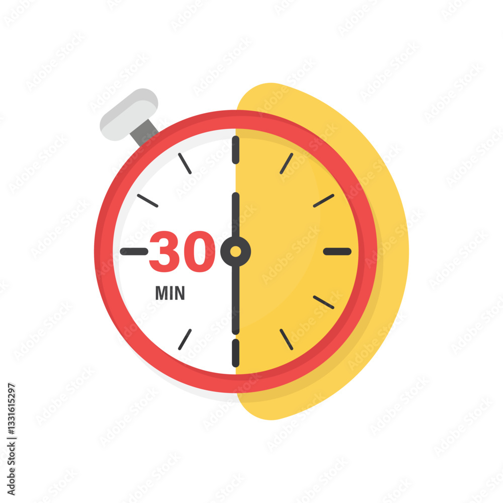 Poster 30 minutes on stopwatch icon in flat style. clock face timer vector illustration on isolated backgro